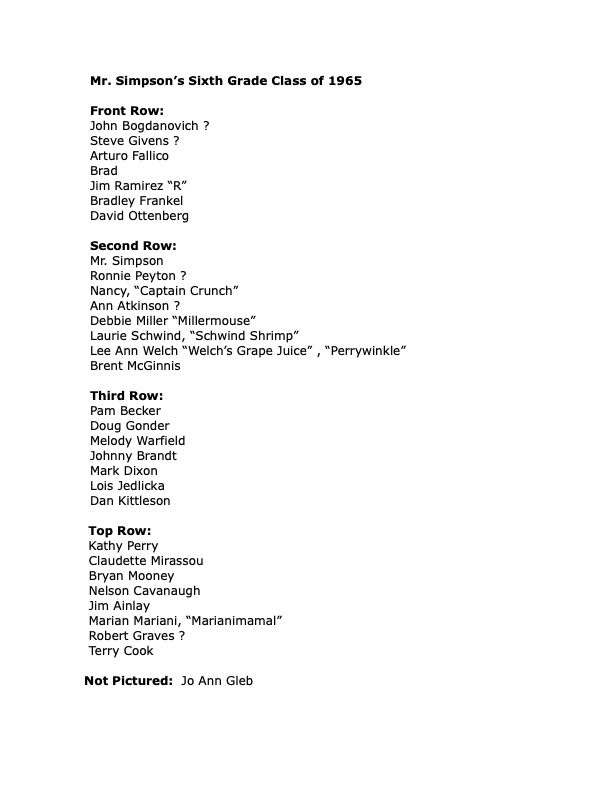Names for Mr. Simpson's class 1965 Foothill School